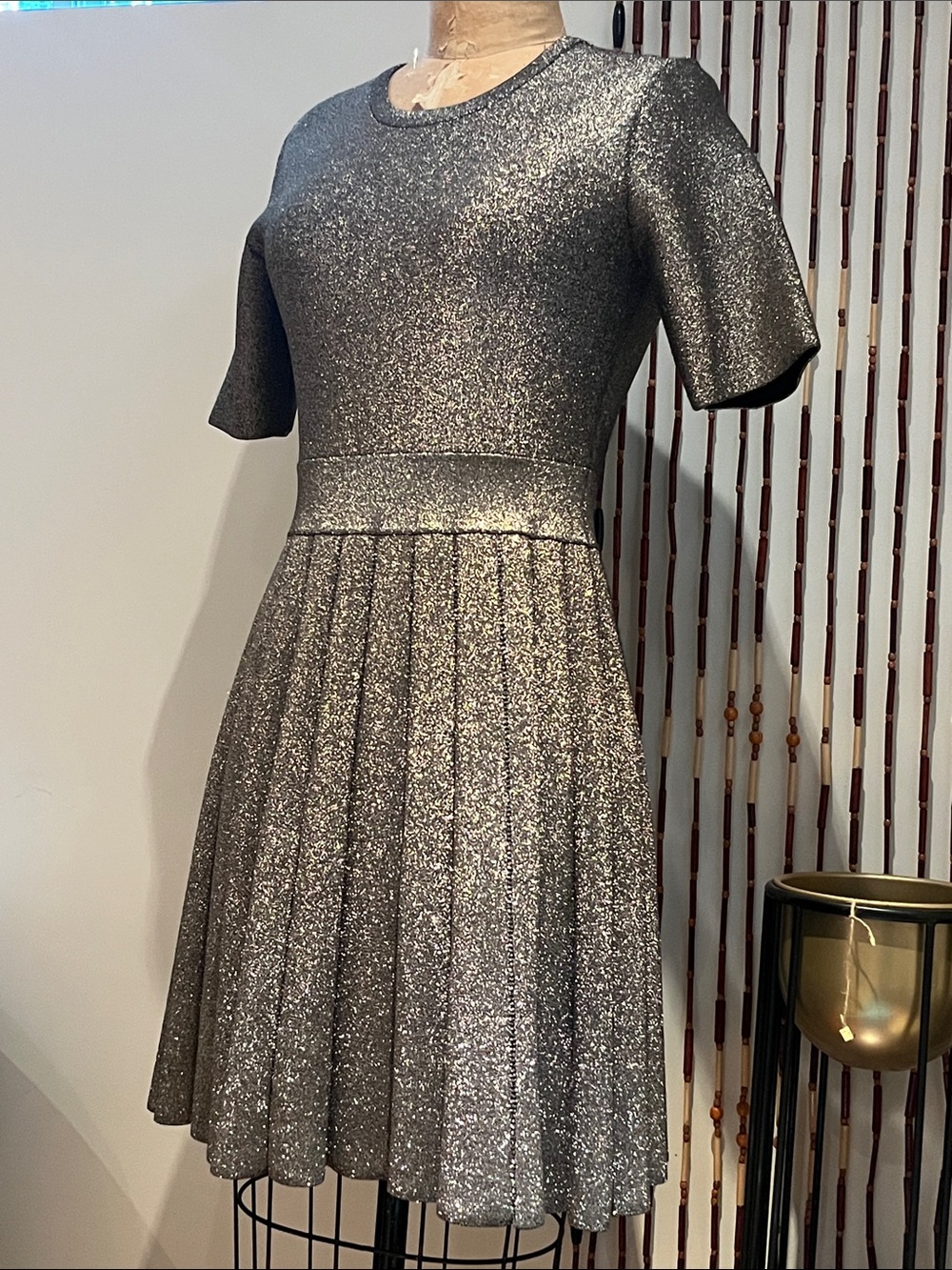 A.L.C. Silver Metallic Pleated Short-Sleeve Mini Dress